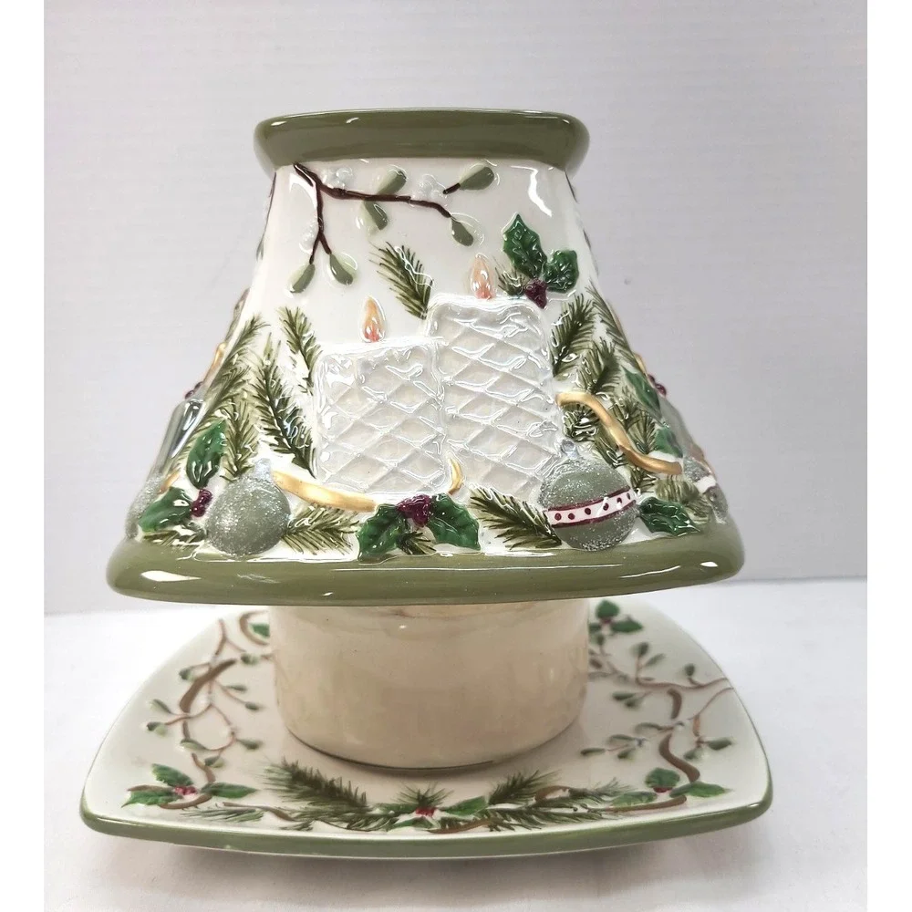 Yankee Candle Mistletoe Candle Jar Shade Holder w Plate Ceramic Holiday **READ**